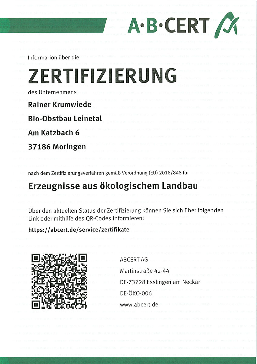 Bio-Obstbau Leinetal. Zertifikat nach EU-Verordnung für Erzeugnisse aus ökologischem Landbau.