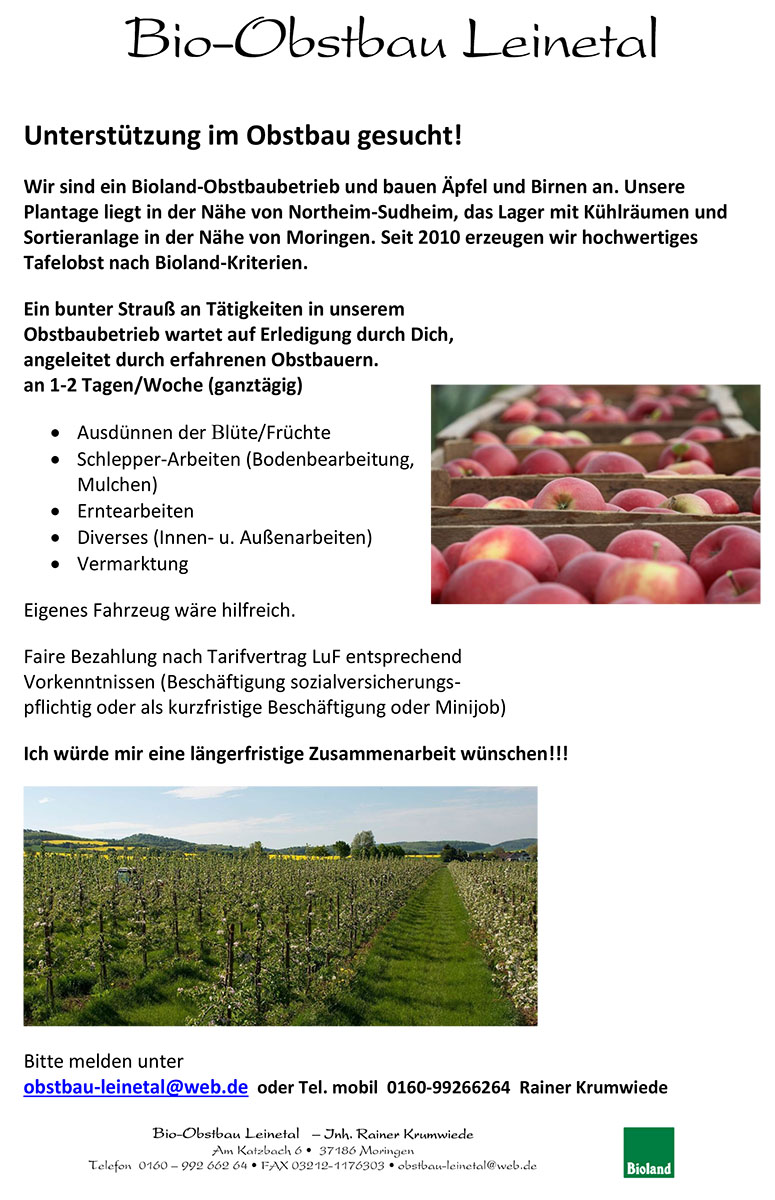Stellenangebot Bio-Obstbau Leinetal 20225
